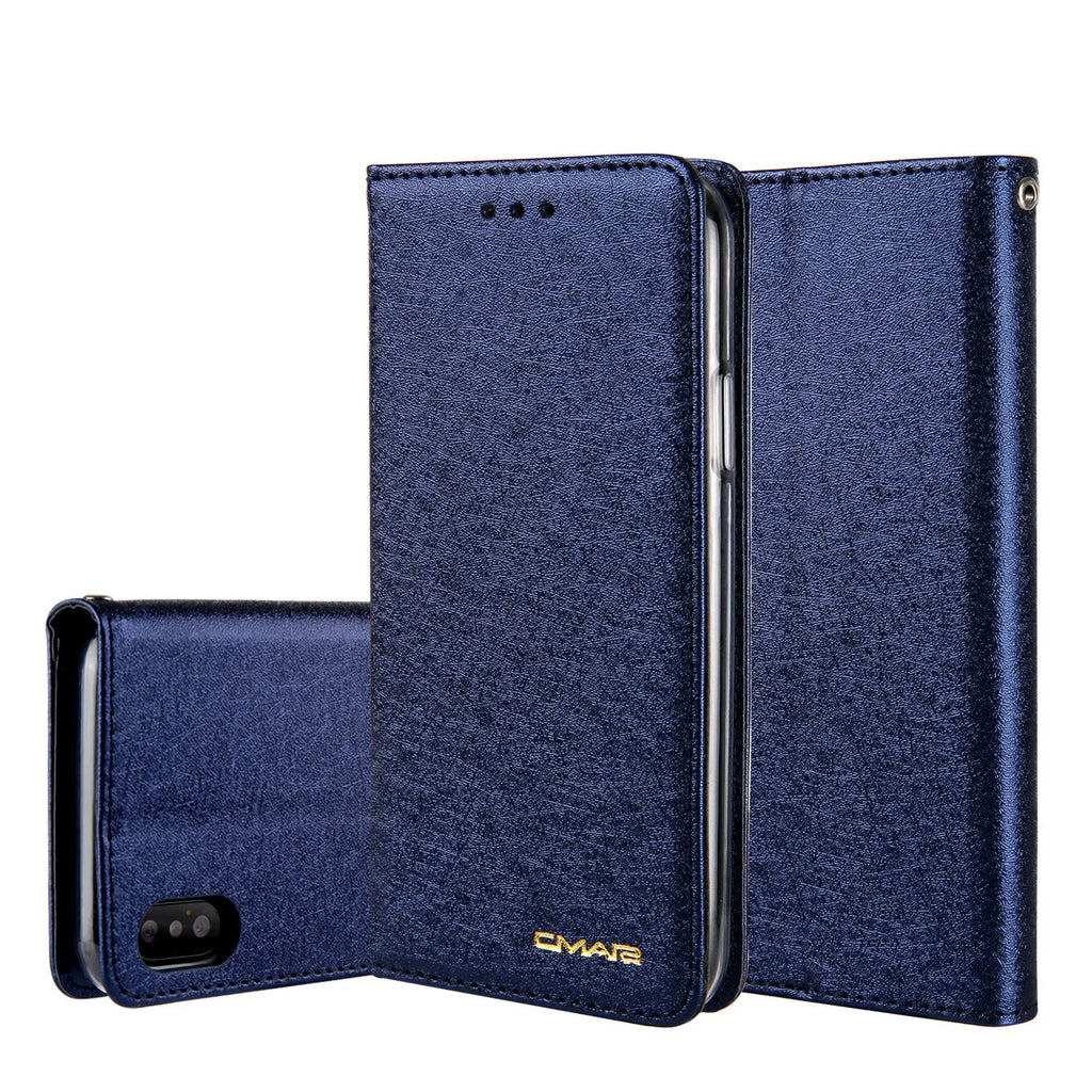 Apple iPhone flip wallet case in PU leather with card slot, shown in multiple colours.