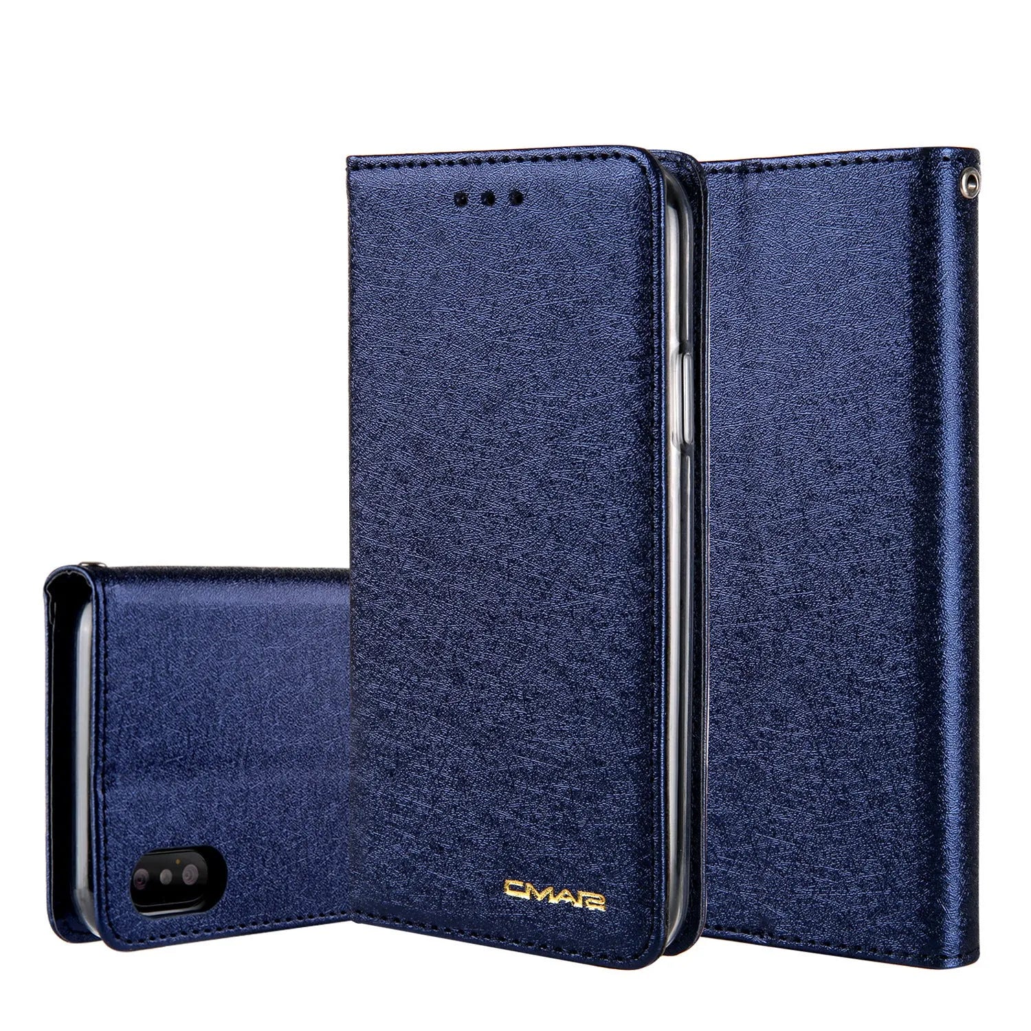Apple iPhone flip wallet case in PU leather with card slot, shown in multiple colours.