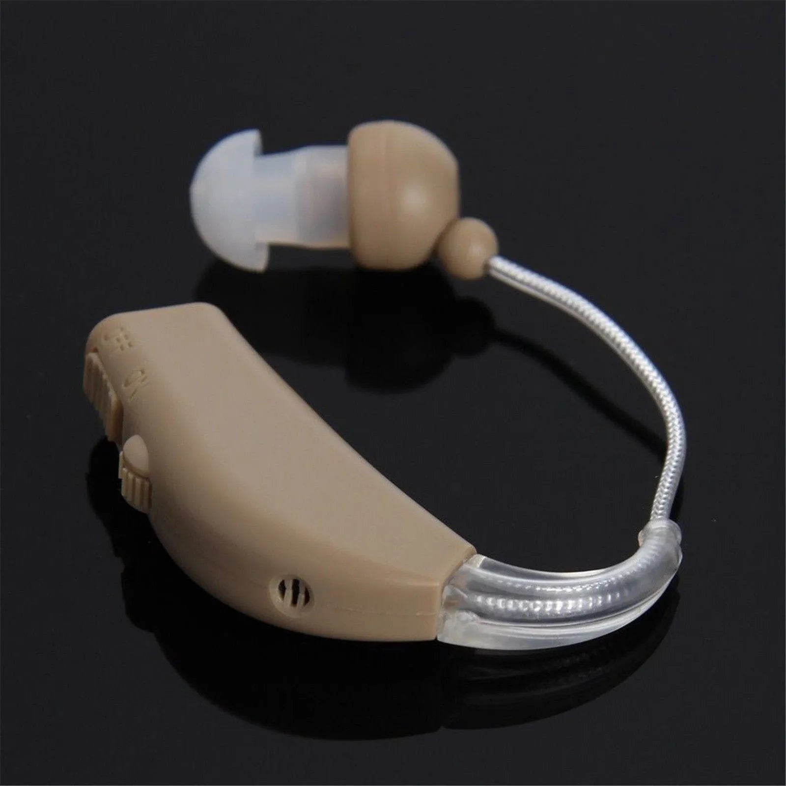 Mini digital behind-the-ear rechargeable hearing aid amplifier with UK and US plug options.