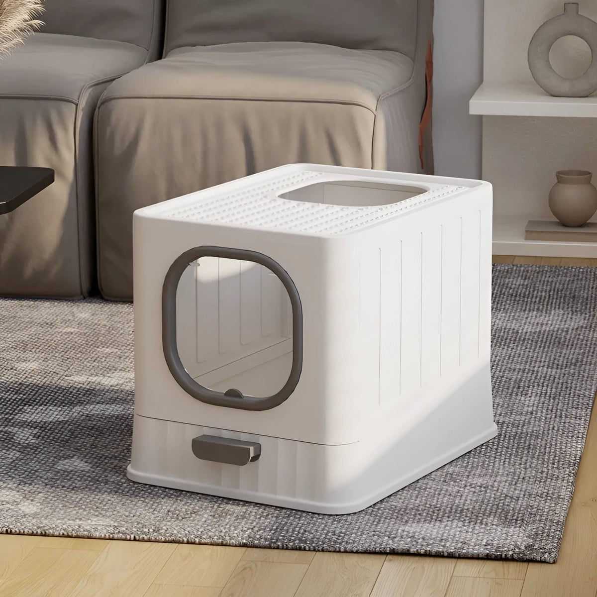 Fully enclosed large PP plastic cat litter box in Gentleman Gray, folding anti-splash design, 51x38x39cm