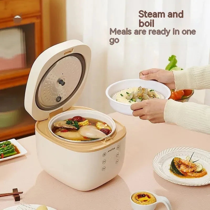 White or beige plastic rice cooker with black crystal inner pot and digital display