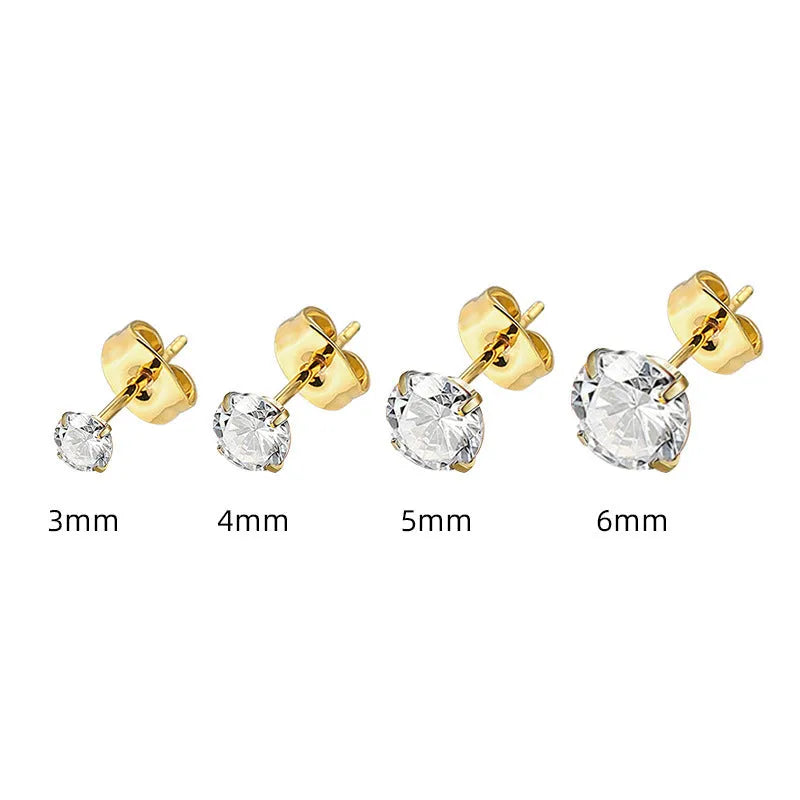 Geometric square and round zircon stud earrings in stainless steel with gold or steel electroplating