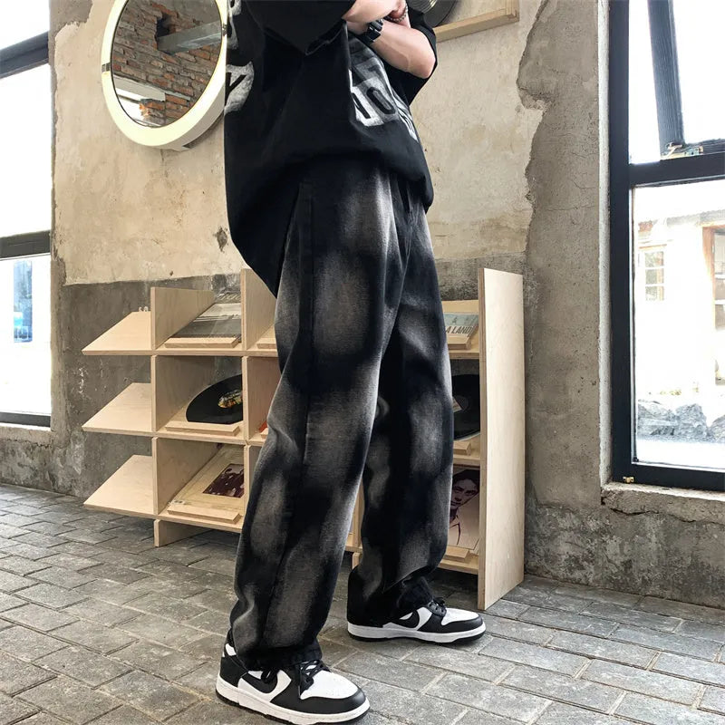 High Street tie-dye hip-hop straight jeans for men and women in black cotton, size options S to 2XL