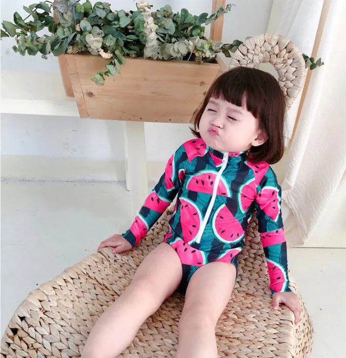 Children's long sleeve swimsuit set with watermelon fruit print on polyester fabric, size S-XL