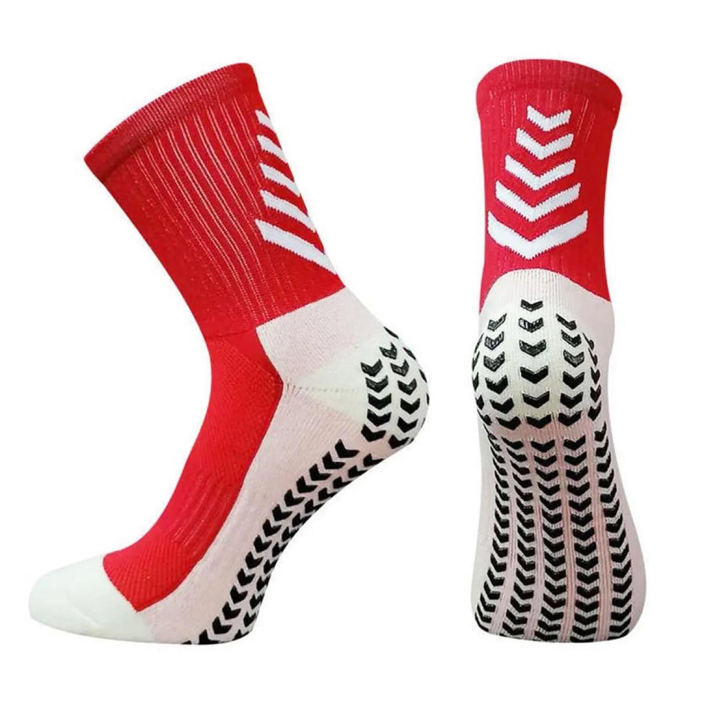 Men's patterned athletic sock in mid-calf length, showing non-slip silicone heel grip.