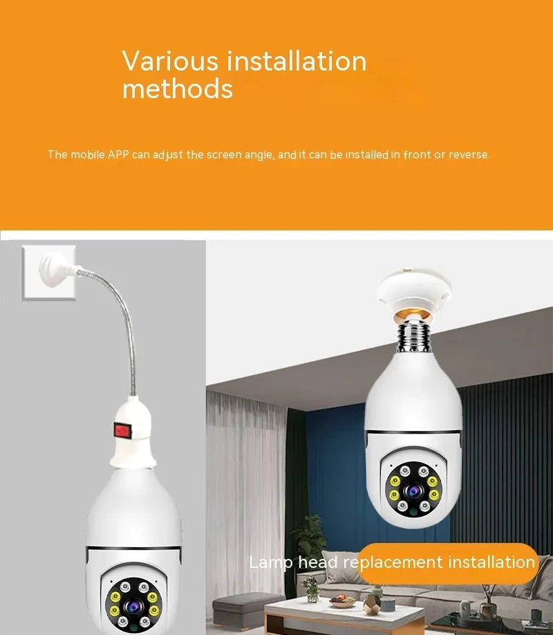Wireless WiFi security bulb camera with metal base and plastic housing, shown next to its packaging.