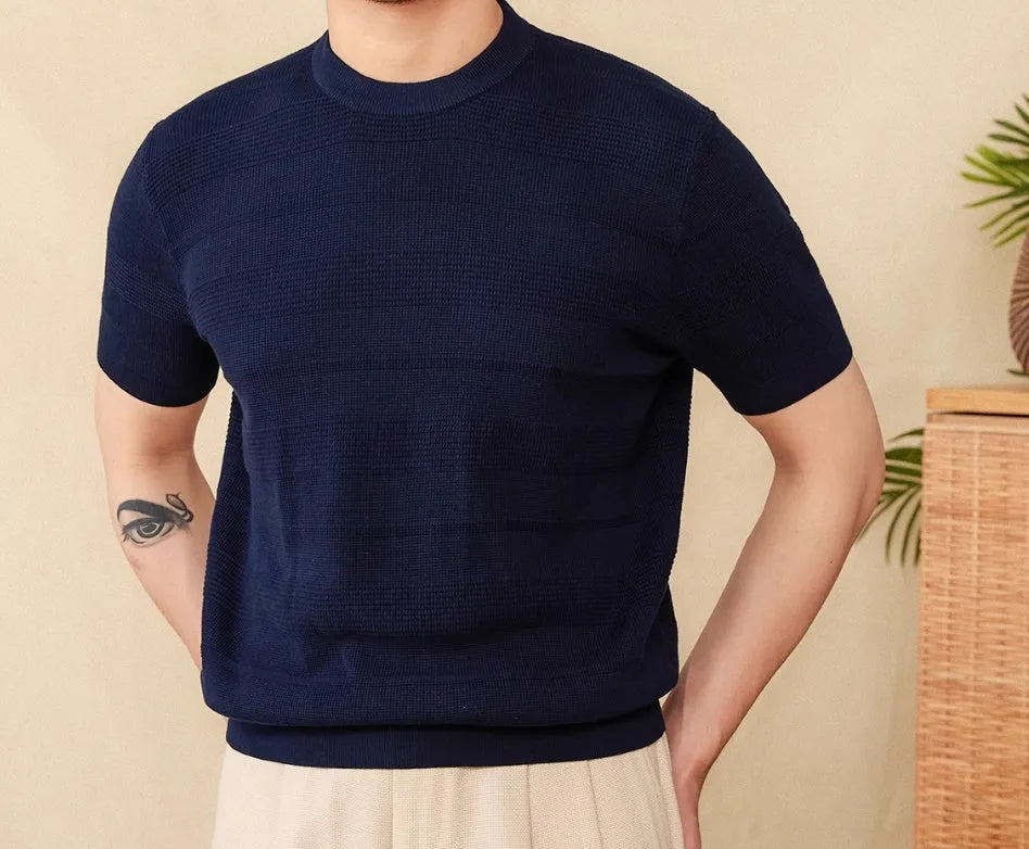Men's beige cotton retro short sleeve T-shirt with round neck on hanger
