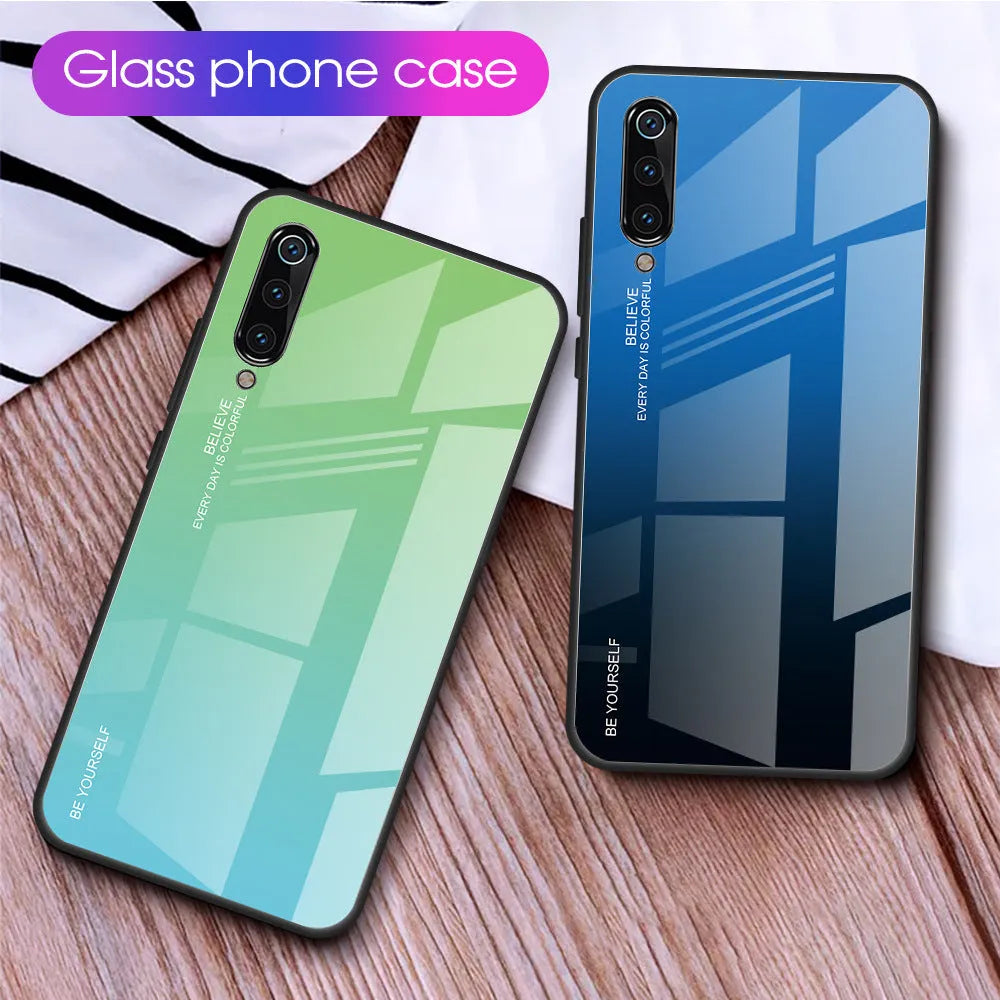 Gradient colour phone case for Redmi smartphones with tempered glass back and TPU frame