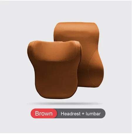 Grey car headrest and lumbar support memory foam cushion set with breathable fabric cover