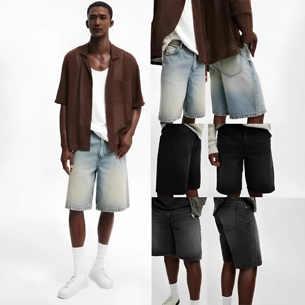 Men's loose straight-leg light blue cotton denim jeans on a white background