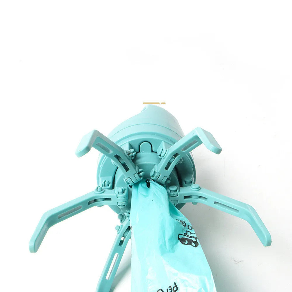 Blue portable dog pooper scooper with eight-claw shovel and built-in bag dispenser