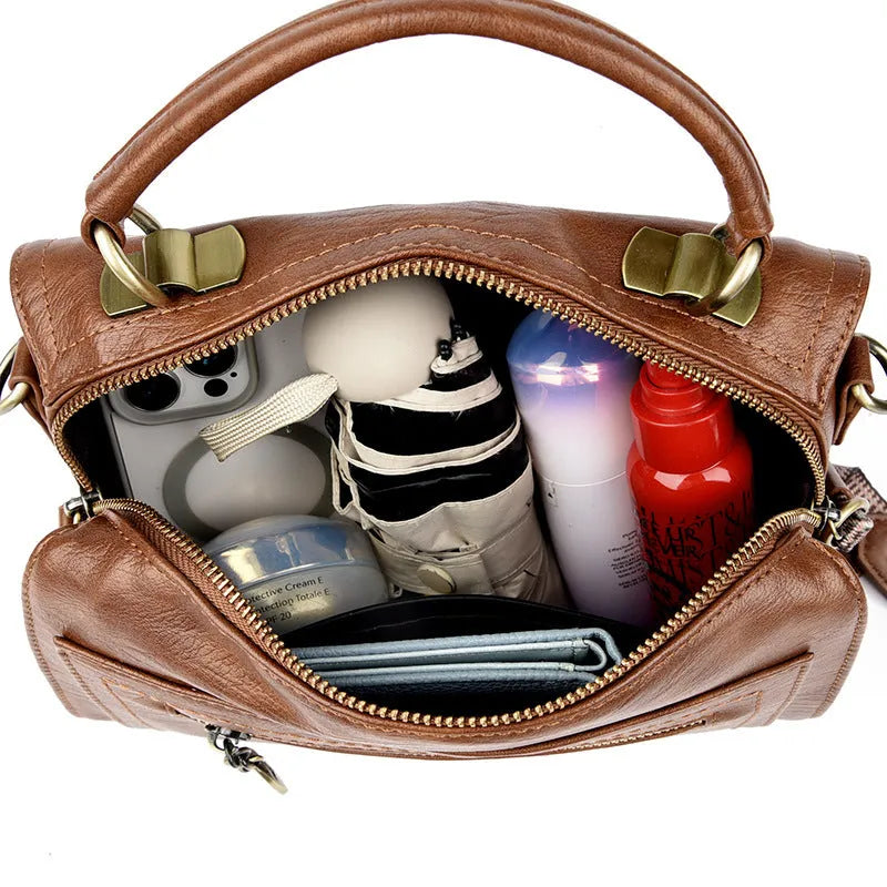 Women's soft PU leather crossbody bag in horizontal square shape with sandwich pocket design