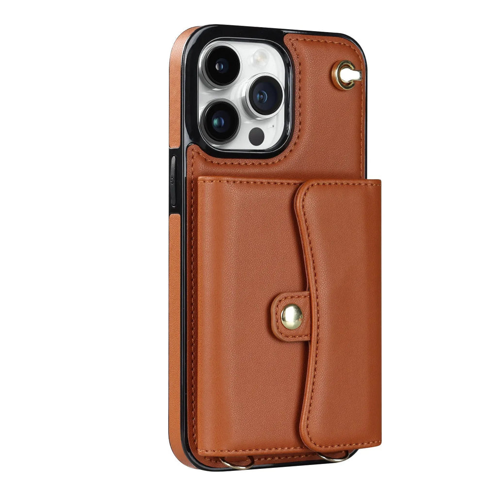 Crossbody faux leather iPhone phone case with card holder and shoulder strap, shown in black, rose gold, mint green, red, coffee and purple