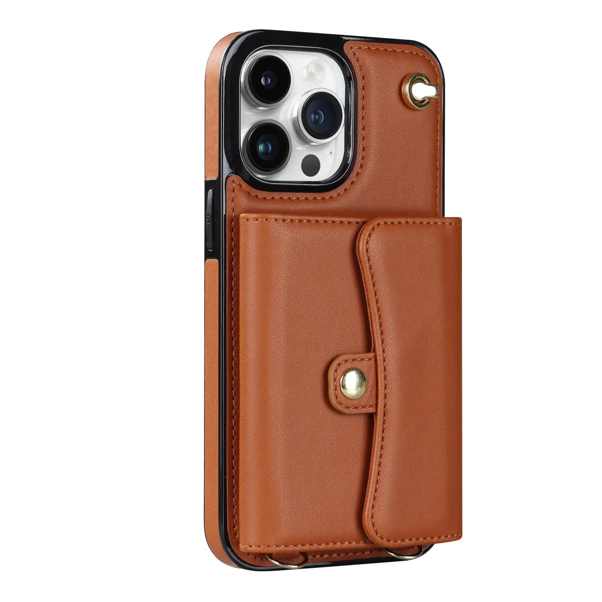 Crossbody faux leather iPhone phone case with card holder and shoulder strap, shown in black, rose gold, mint green, red, coffee and purple