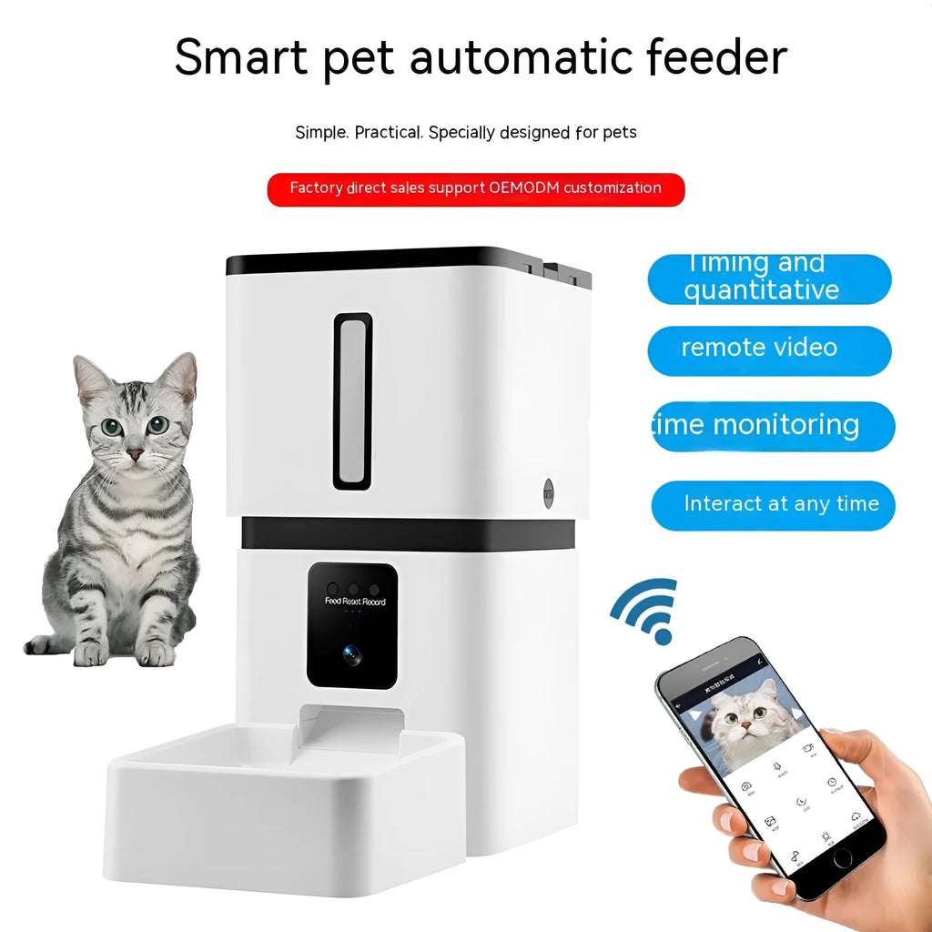 White smart pet feeder with 8L WiFi automatic timing for dogs and cats on a table