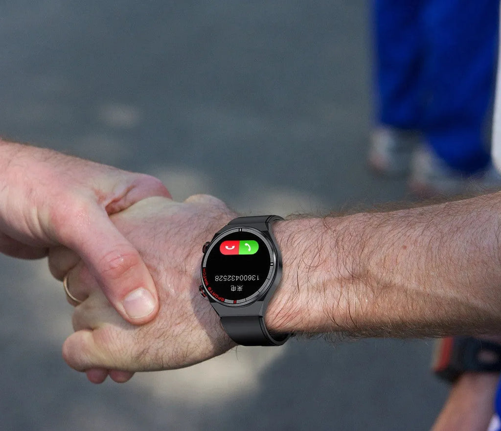 Smartwatch with rotary dial, black leather strap, and 1.3-inch screen displaying health stats.