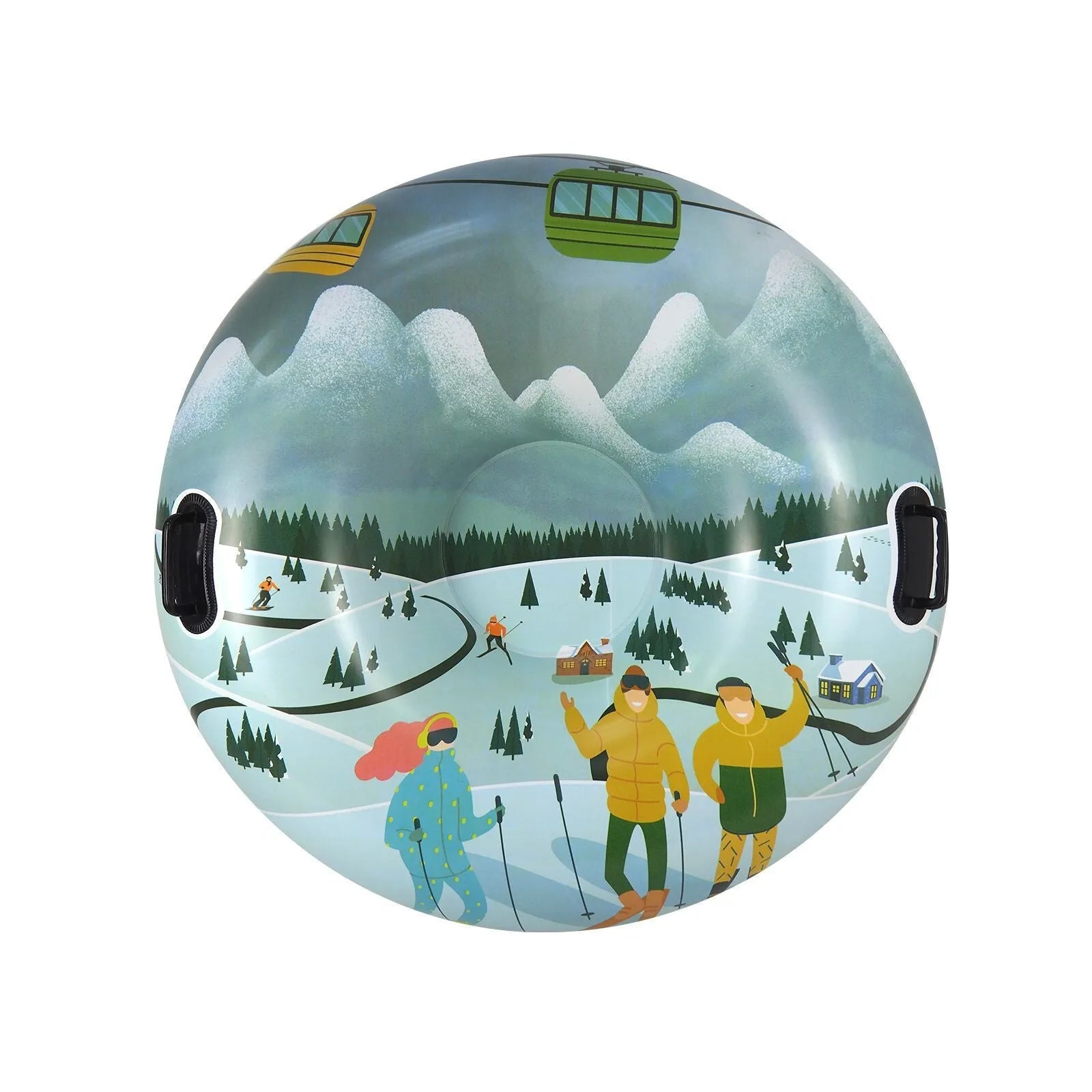 A thick PVC winter ski ring for sledding, available in flame red, ice-snow blue, or snow mountain printed designs.