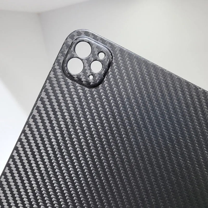 Carbon fibre flat hard protective cover for Apple iPad Pro 11 showing embossed plaid pattern.