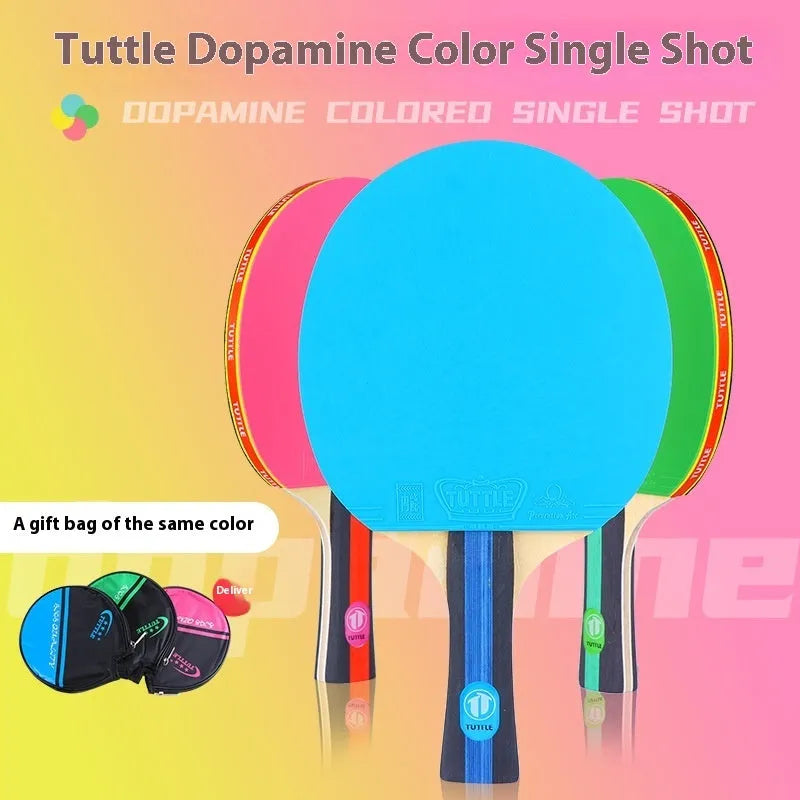 Colourful table tennis racket with pure wood blade and protective bag in pink, blue or green shakehand grip