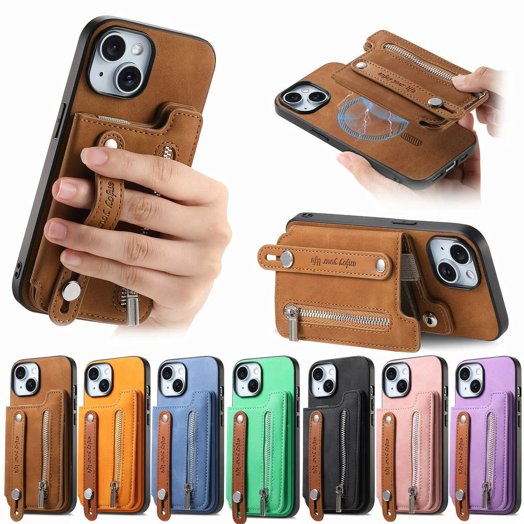 Flip open card holder wallet phone case for Apple iPhone with bracket and magnetic closure in black imitation leather
