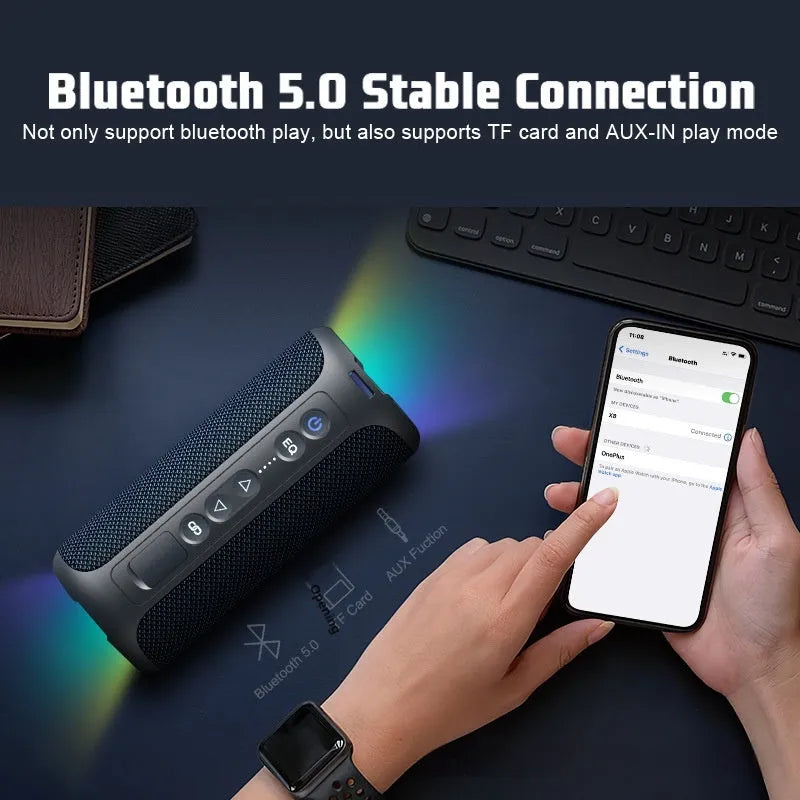 Black and blue fabric covered 40W wireless Bluetooth speaker with lights