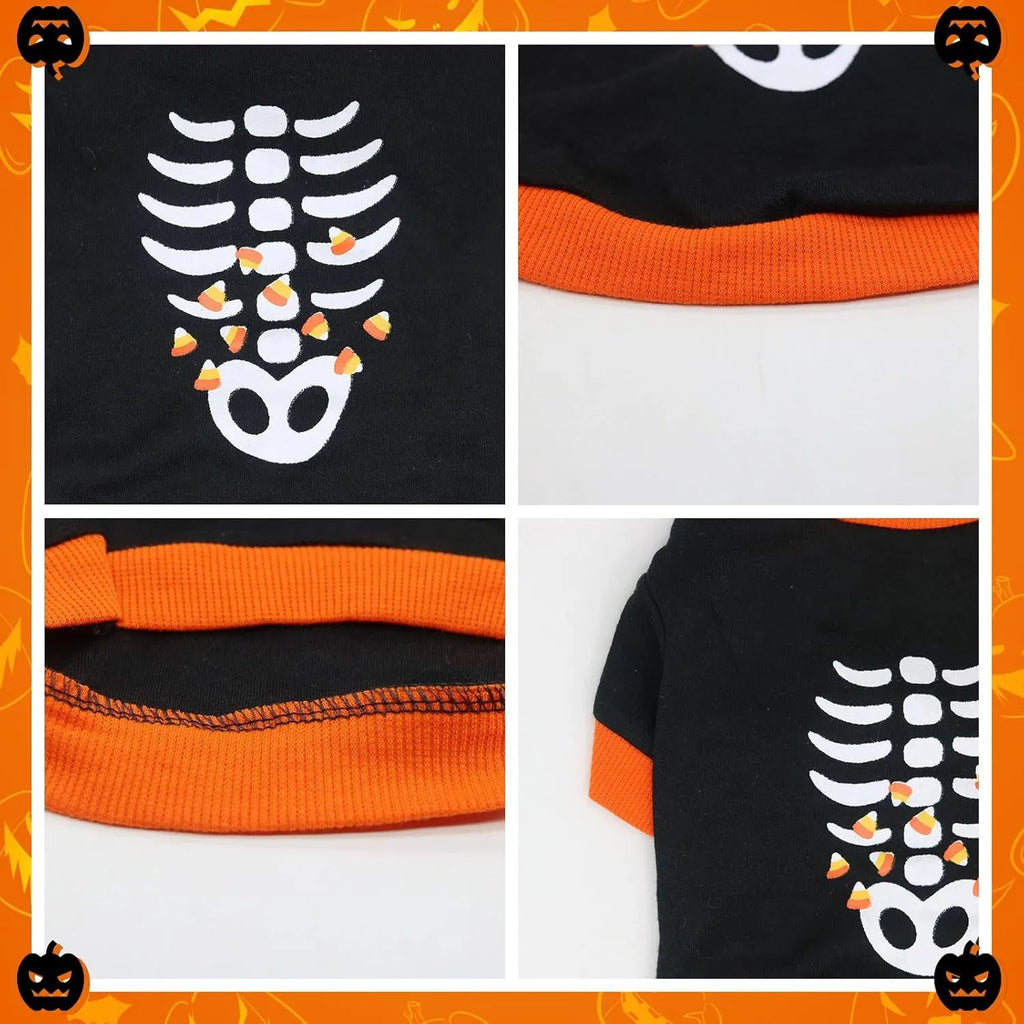 Orange and white dog skeleton costume sweatshirt with ribbed collar on small dog