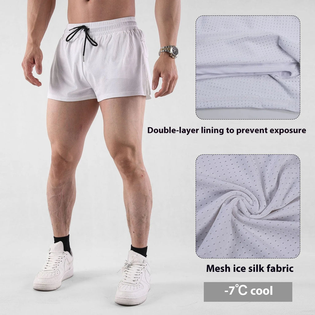 A pair of men's black nylon quick-dry shorts laid flat.