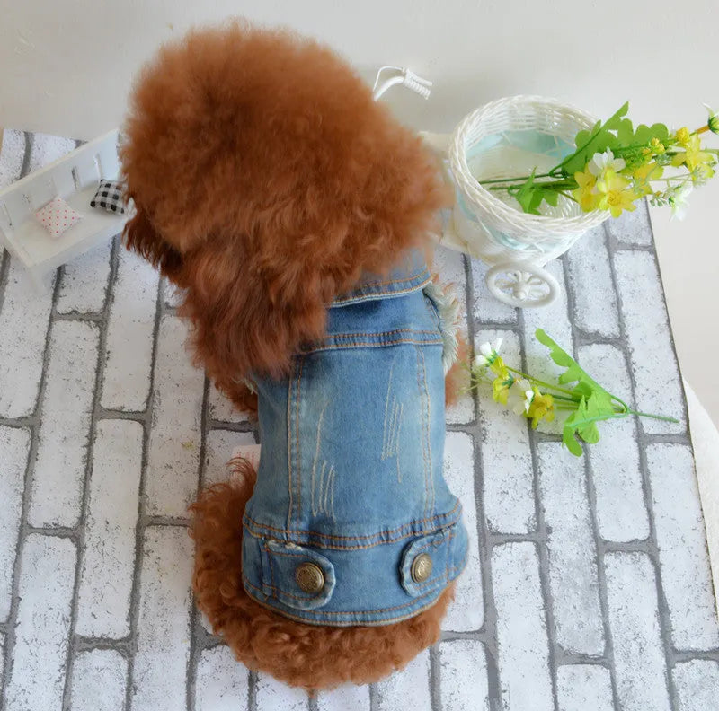 Denim dog vest with retro scratch pattern in dark and light colours for small dogs