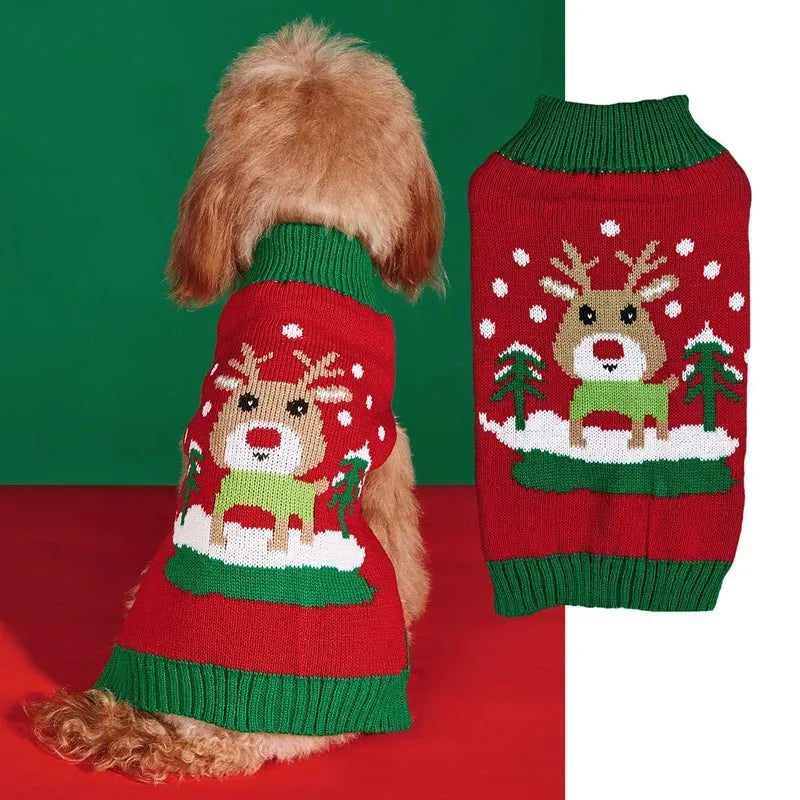 Pet dog wearing acrylic knit Christmas costume with red Santa hat and white snowflake pattern on a white background