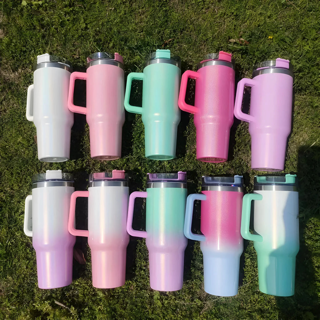 Large stainless steel vacuum insulation cup with gradient colour finish showing thermal retention design