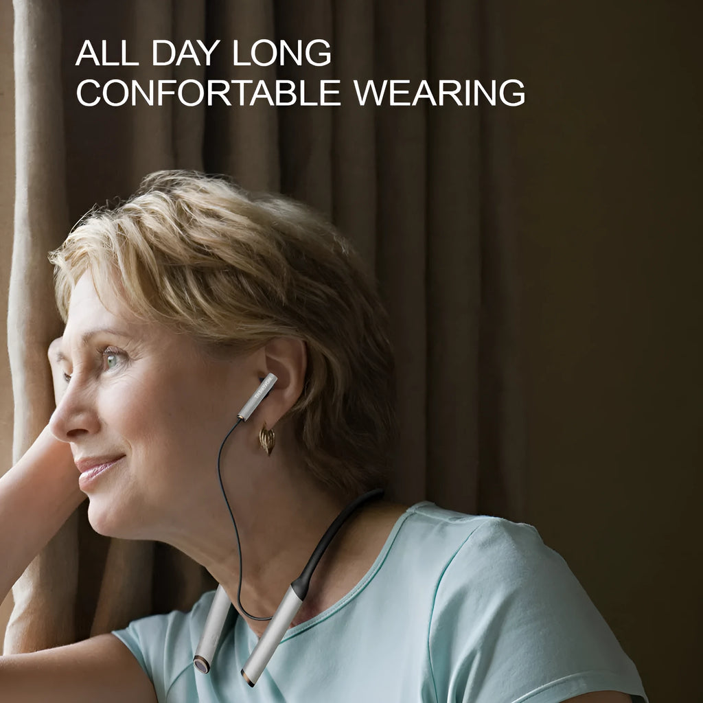 Simple neck hanging Bluetooth headphones in black ABS with earpieces