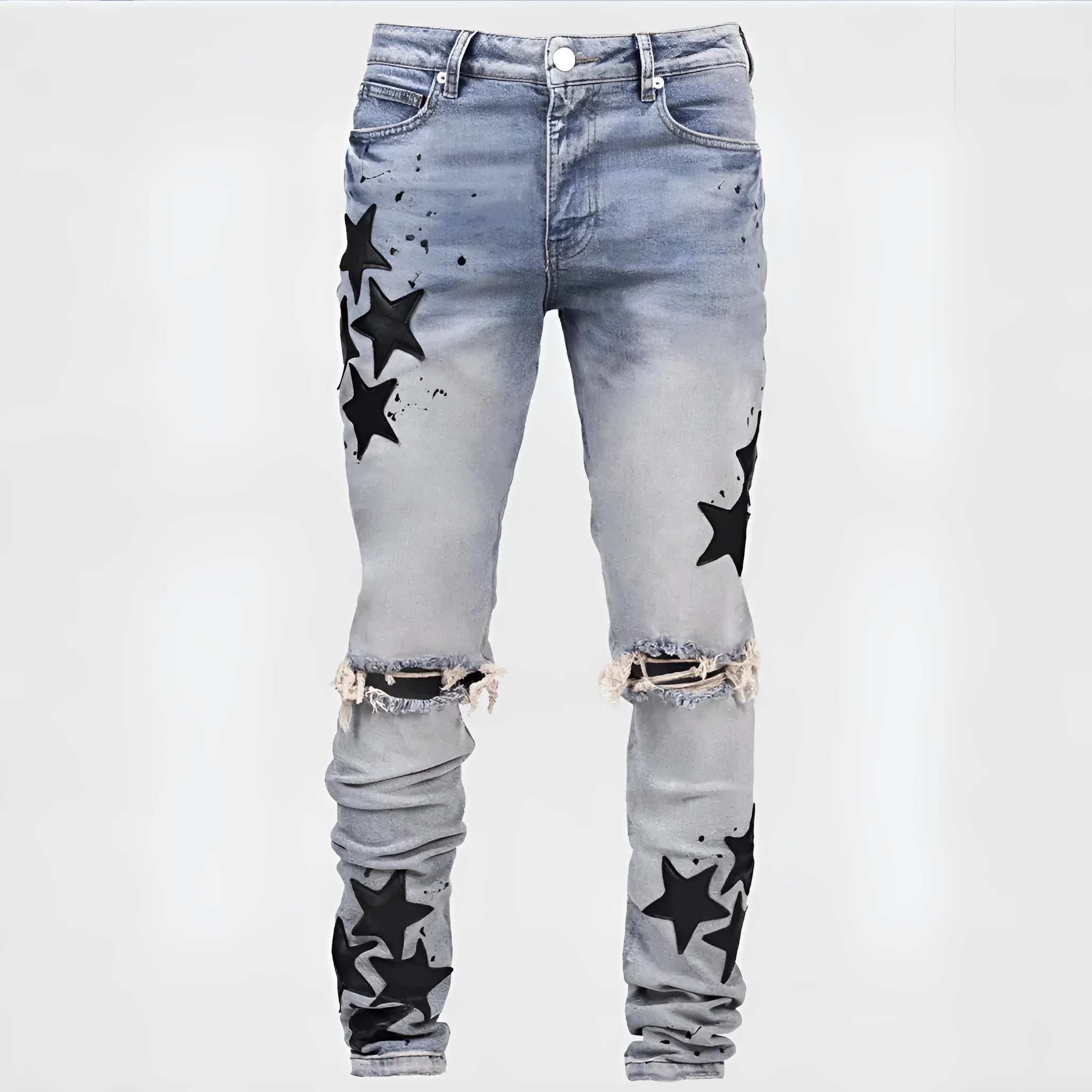 Men's slim fit blue jeans with embroidery detail and stretch fabric