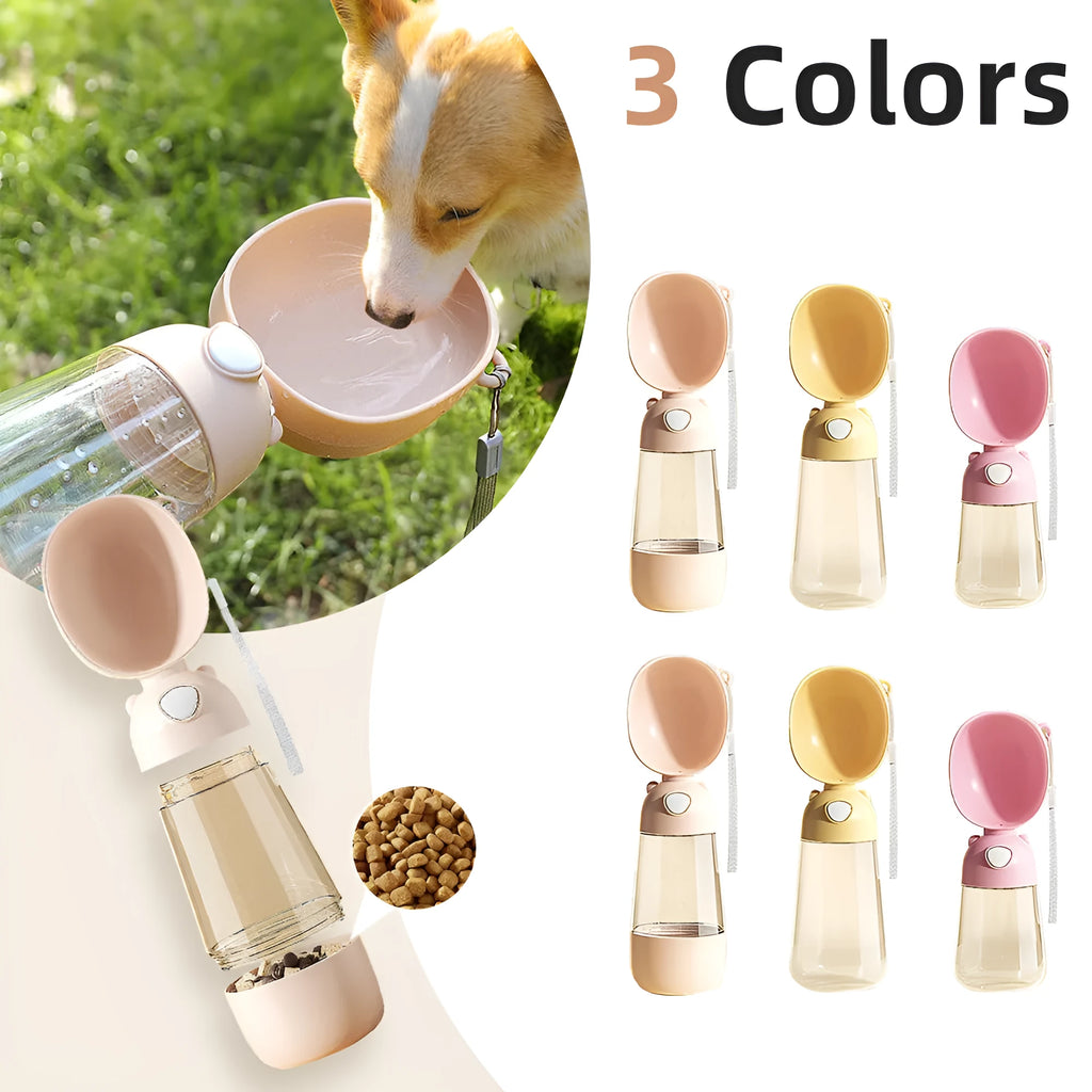 Portable plastic dog water bottle with attached feeding bowl in yellow colour.