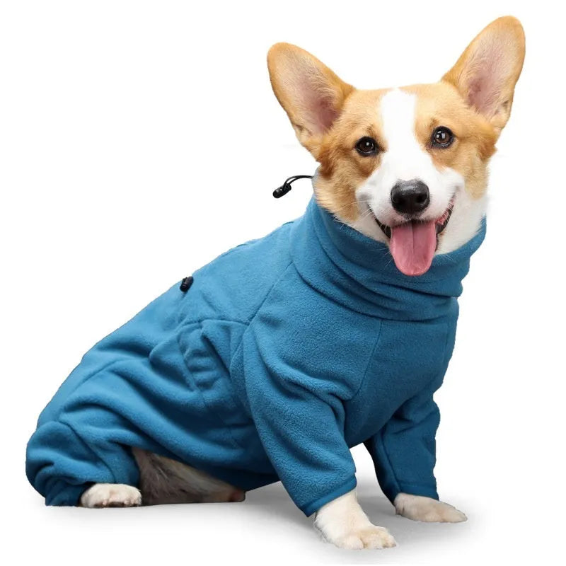 Polar fleece dog coat in blue, four-legged windproof design for large dogs