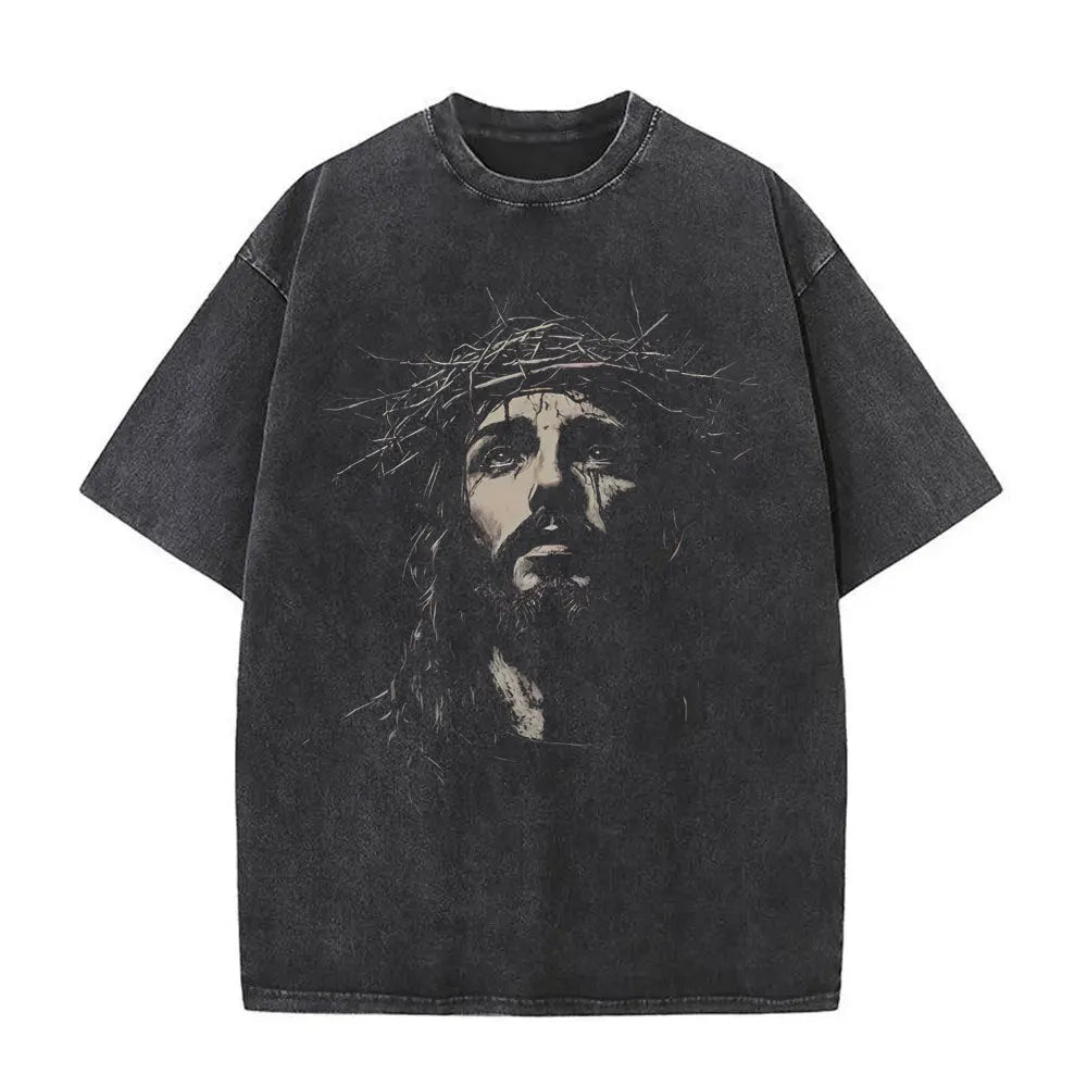 Christian vintage washed T-shirt with Jesus Forgive Them Father print, black, front view