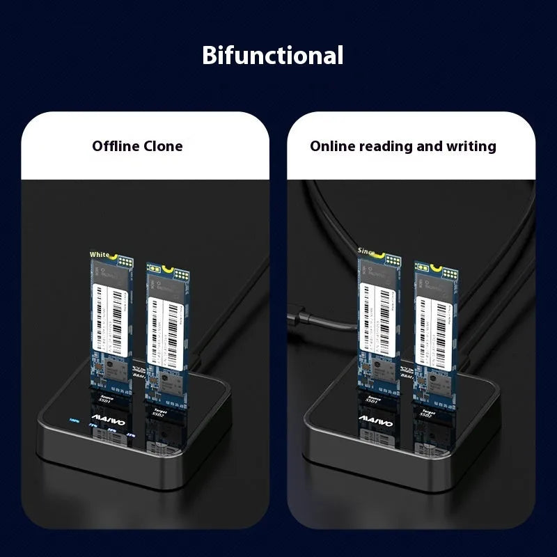 MAIWO K3016 M2 solid state drive cloner dock unit with USB-C cables and power adapter on a desk.