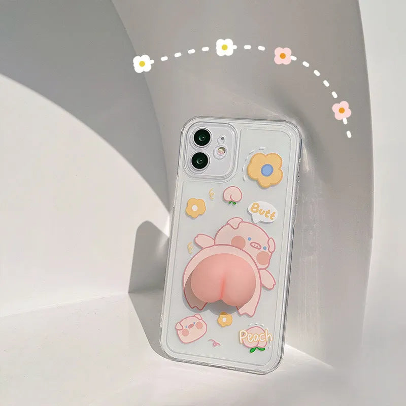 Silicone phone case with raised pig butt design and pinch music control feature