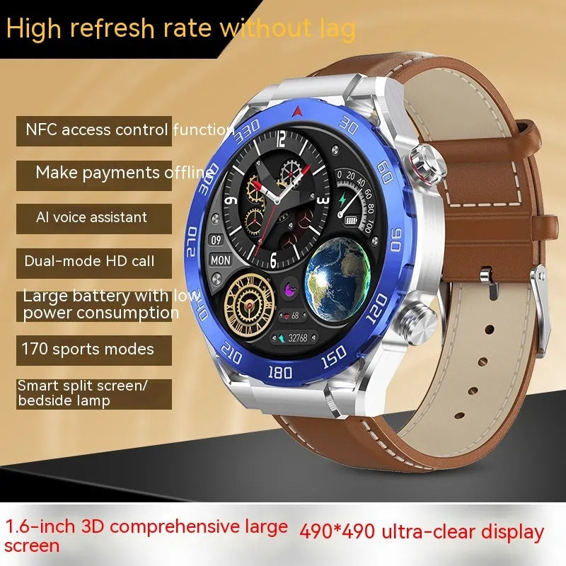 Smart watch with 1.6-inch full HD screen, black steel strap, wireless fast charging, waterproof, heart rate and blood pressure monitoring