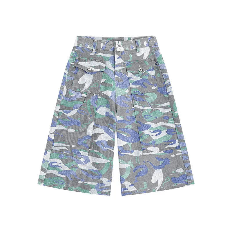 Women's camouflage cropped denim trousers with large utility pocket and straight leg design