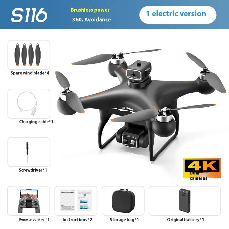 Black and white compact brushless UAV drone with four propellers and a camera, shown with its remote control.