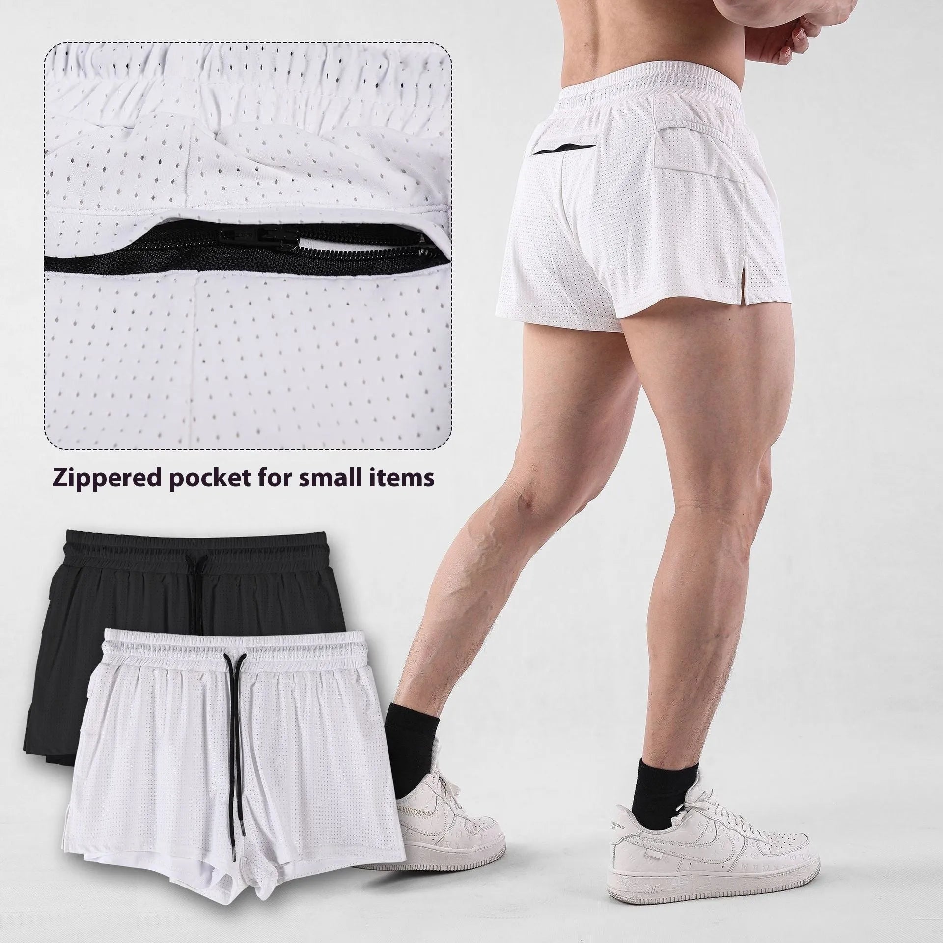 A pair of men's black nylon quick-dry shorts laid flat.