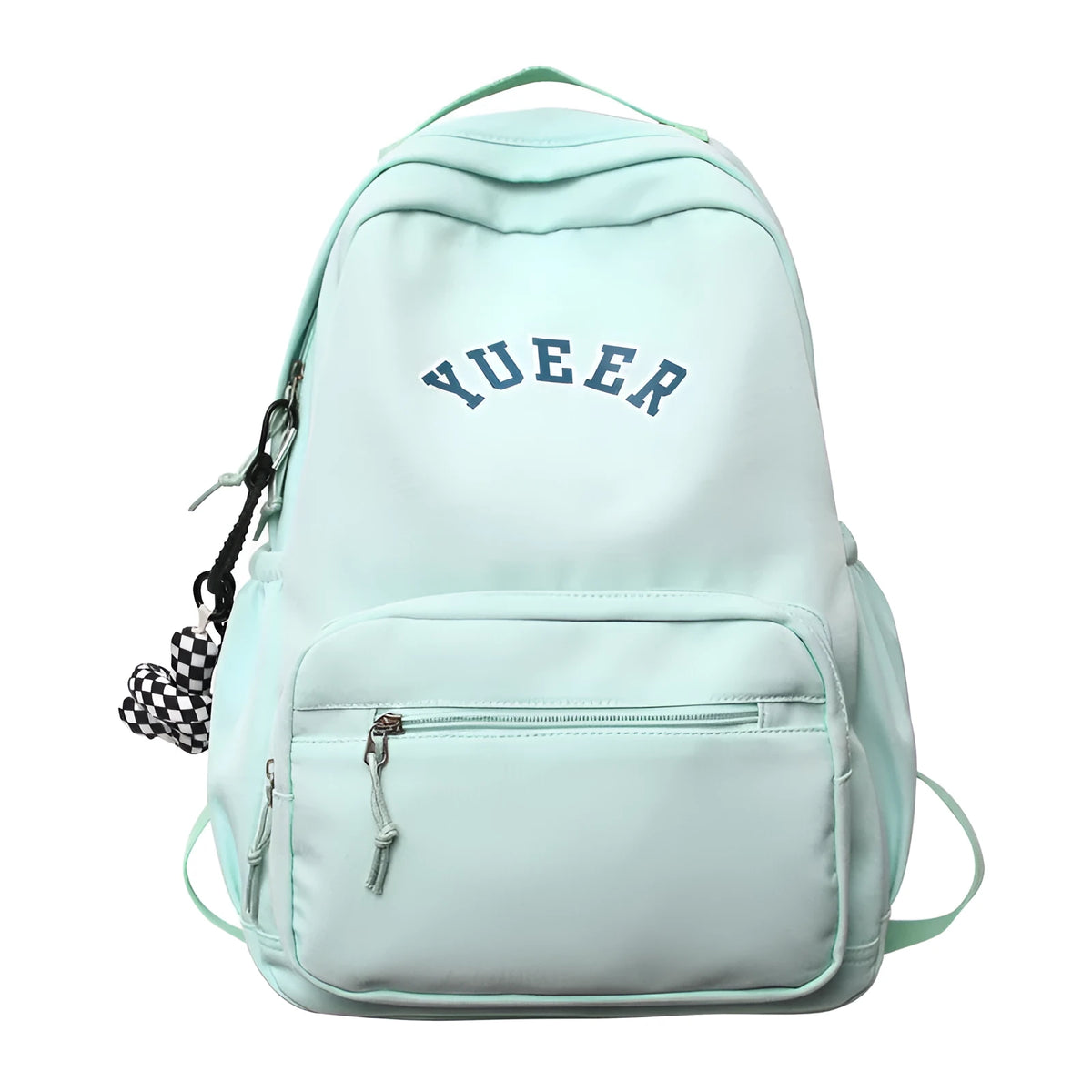 Simple nylon backpack for women, 32cm, with computer pocket, in five colours including black, blue, red, white, and light green.