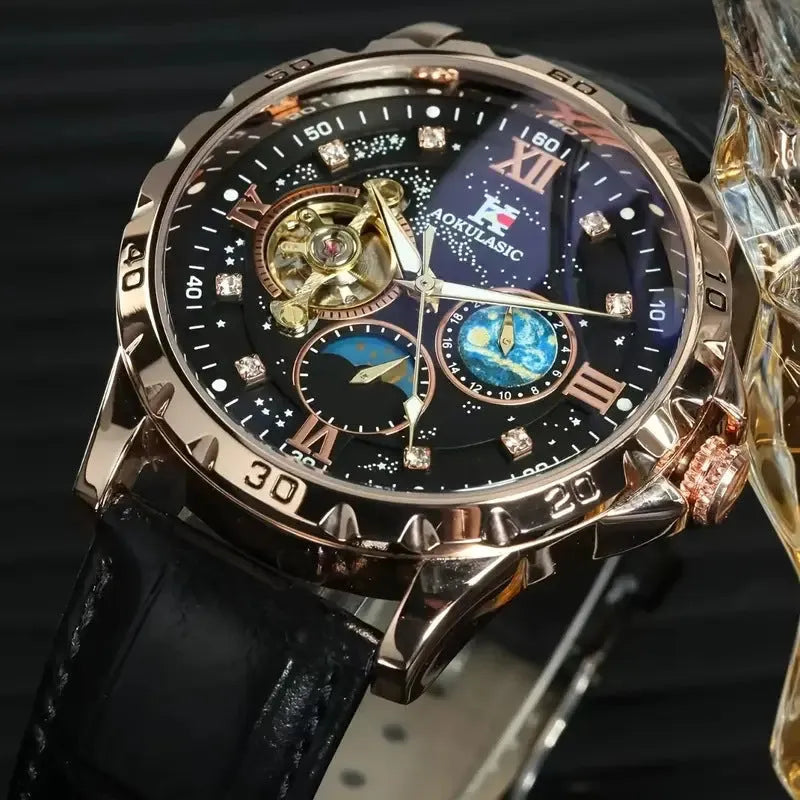 Men's black and rose gold automatic mechanical watch with hollow dial on a black leather strap.