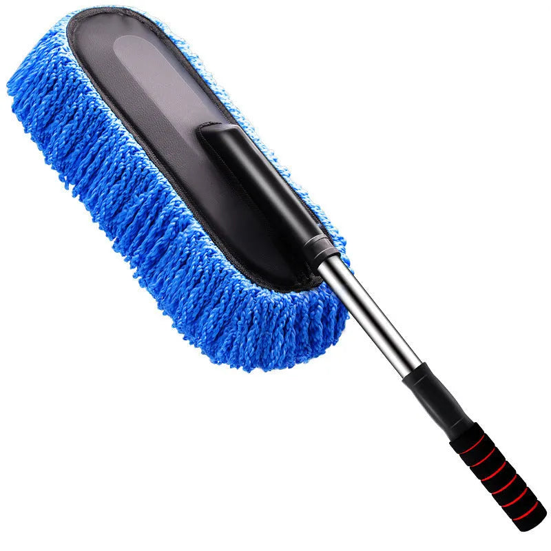 Blue retractable car wash mop with nano fibre head extending from 75cm to 86cm on a car bonnet
