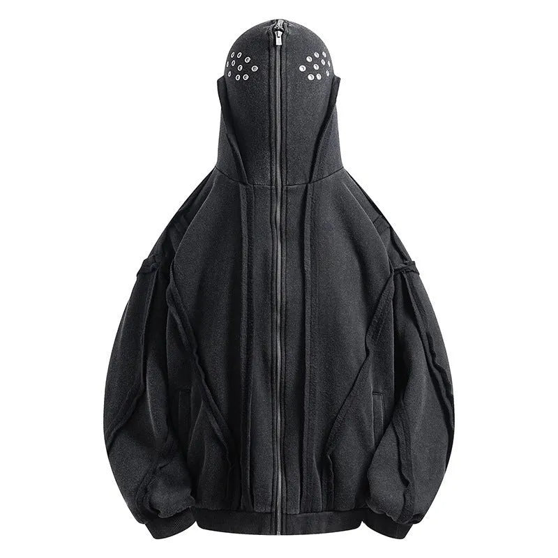 Black retro loose-fit cotton coat with a zip front, hood, and abstract pattern