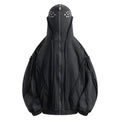 Black men's loose zip hooded cardigan coat with abstract pattern.