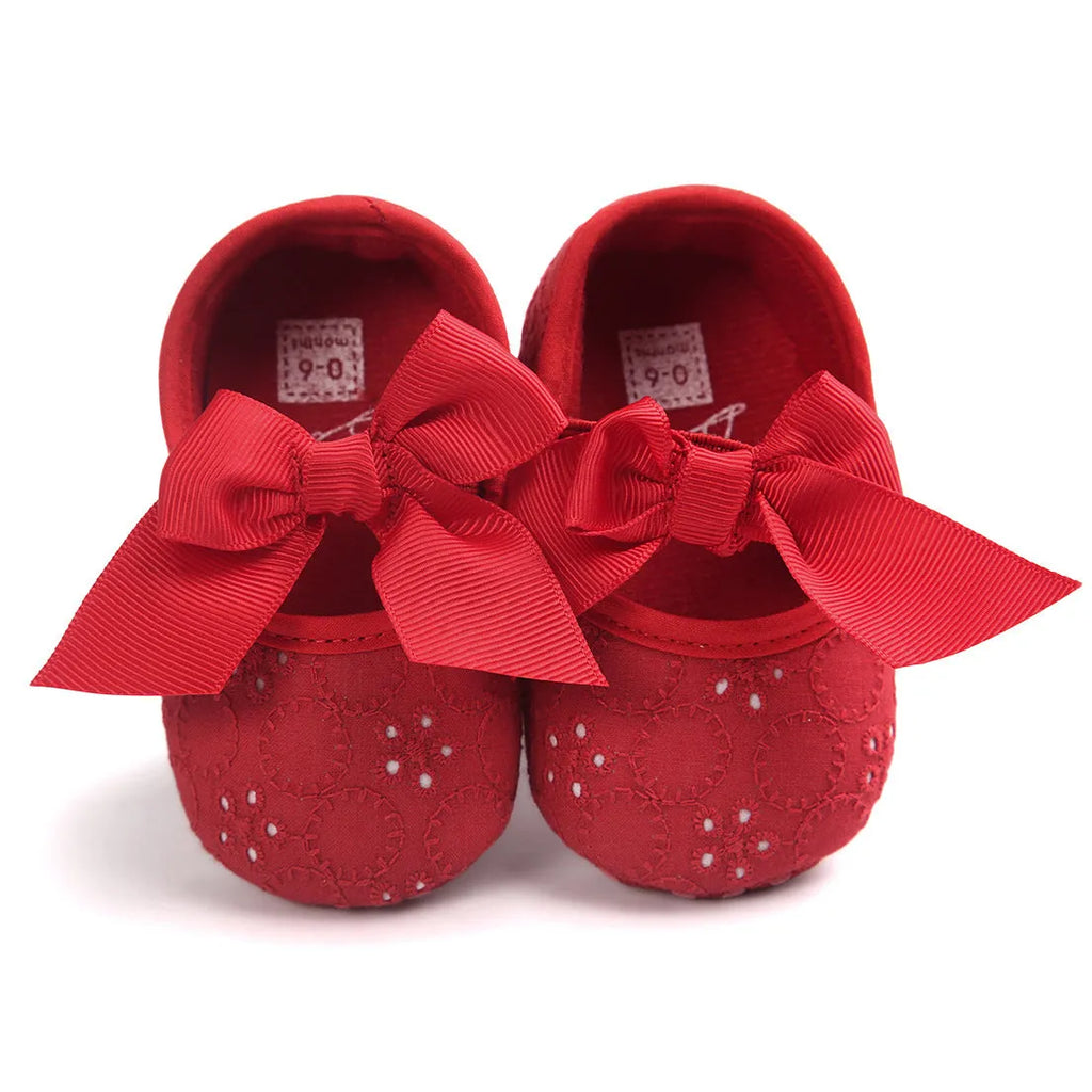 Baby princess infant shoes in pink, red, black, scarlet, and white colours for ages 0-12 months.