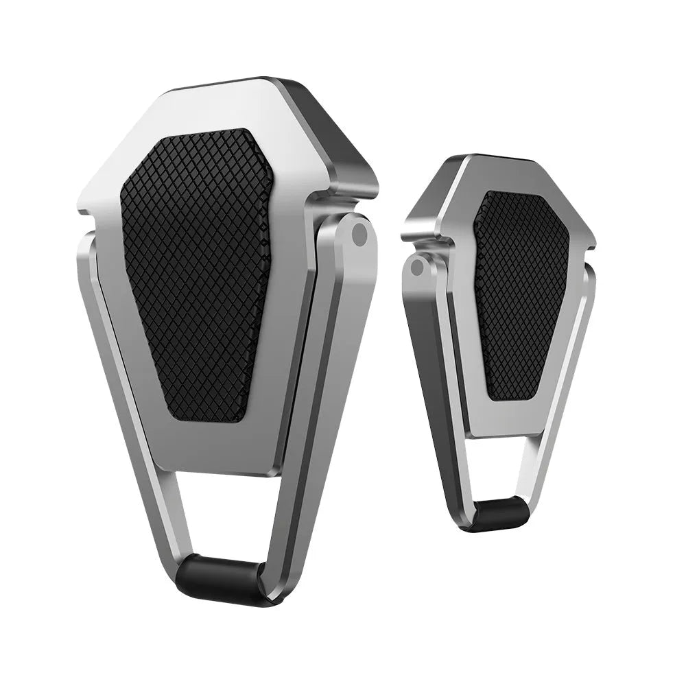 Two black and silver zinc alloy metal foldable tablet computer cooling brackets on a desk, 4.8cm size