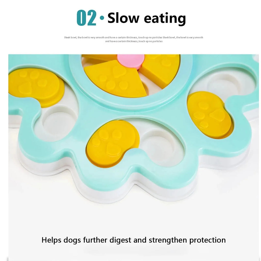 Flower-shaped blue dog puzzle slow feeder bowl with multiple food compartments on non-slip base