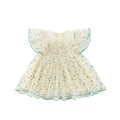 Green strip yellow sleeveless cotton romper dress for girls with A-line skirt design